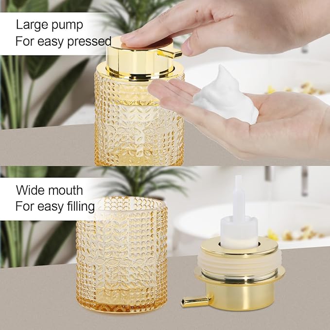 Fvstar Amber Glass Foaming Soap Dispenser, 2pcs Refillable Foam Soap Dispenser with Gold Pump, Glass Lotion Container Bottle for Kitchen and Bathroom Countertop,Wide-Mouthed and Easy to Press