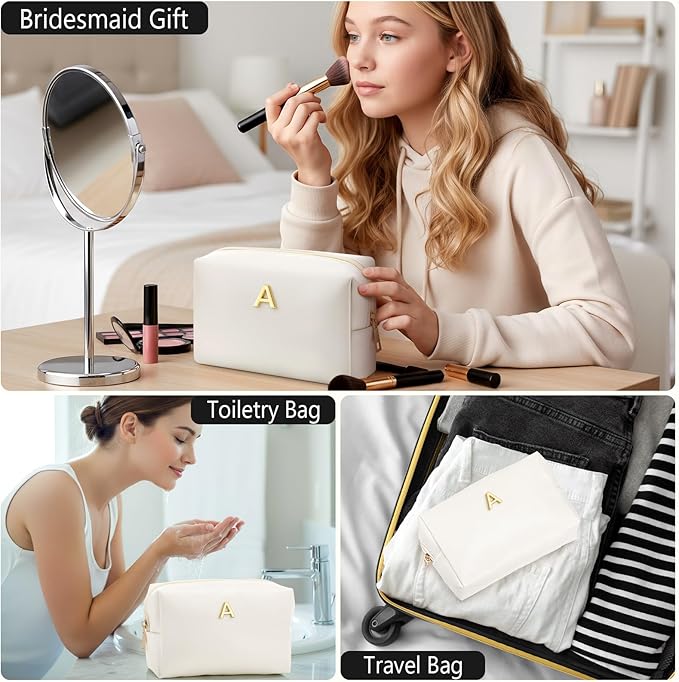 Kigeli Gifts for Women Teen Girls Gifts for Bridesmaid Mom Teachers Graduation Birthday Wedding Personalized Initial Makeup Bag Beige PU Leather Monogram Cosmetic Waterproof Travel Toiletry Bag(A)