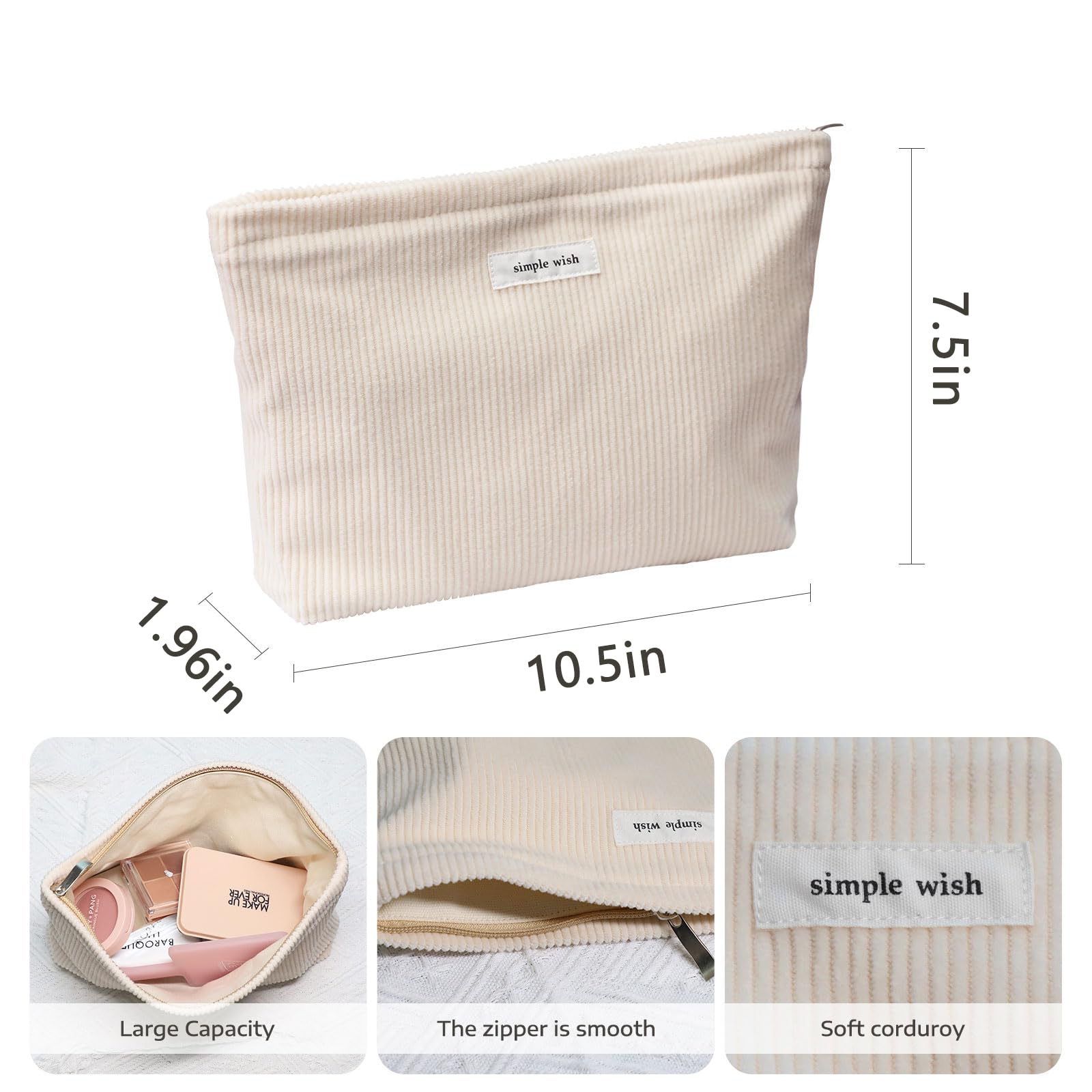 Wudygirl Travel Makeup Bag Large Capacity Cosmetic Bag for Women Corduroy Toiletry Pouch Handbags Zipper Purses Travel Essentials (Beige)