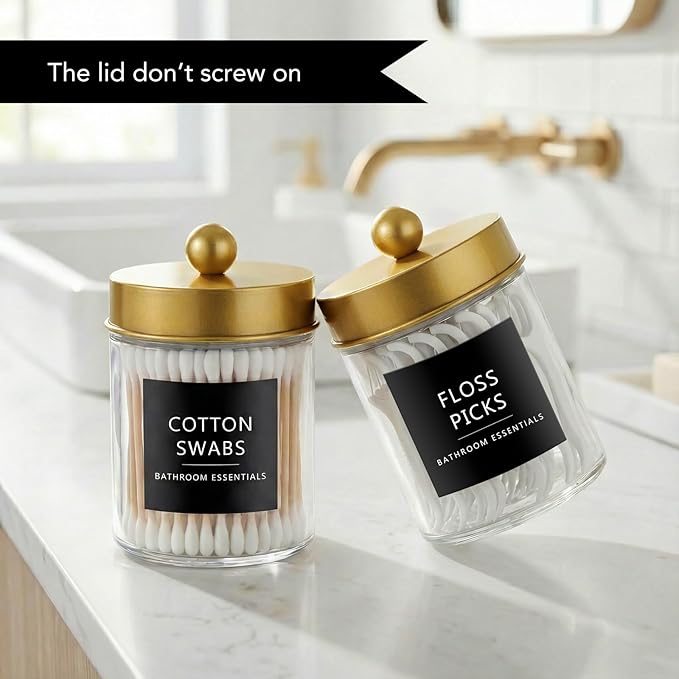 Amolliar 2 Pack Qtips Dispenser Holder - Bathroom Countertop Storage Organizer Containers - Glass Apothecary Jars with Gold Plastic Lid for Q-tips Cotton Balls, Swabs, Round Pads, Floss