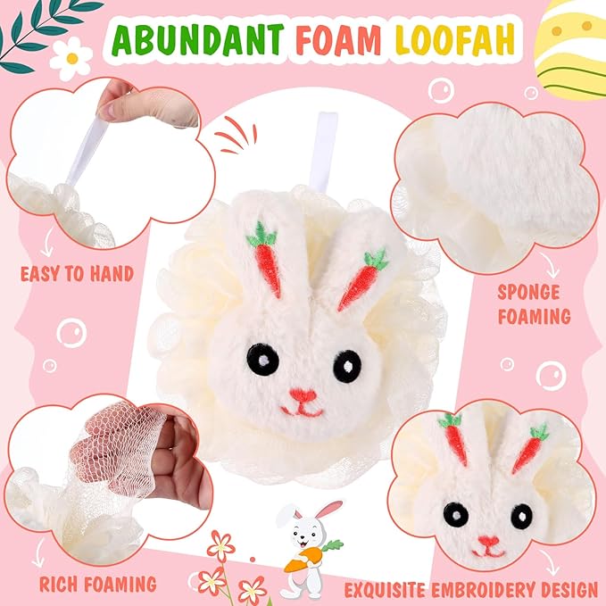 4 Pcs Rabbit Carrot Bath Loofah Sponge Cartoon Body Scrubber Loofah Soft Mesh Exfoliating Bath Scrubber Shower Ball for Shower Sponge Gifts Exchange Birthday Party