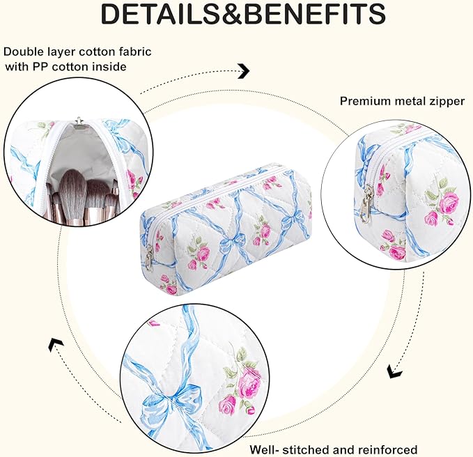 WHHJM Cute Floral Makeup Brush Bag Small Cotton Quilted Cosmetic Bag for Women Travel Toiletry Zipper Make Up Pouch (Blue Bowknot Rose)
