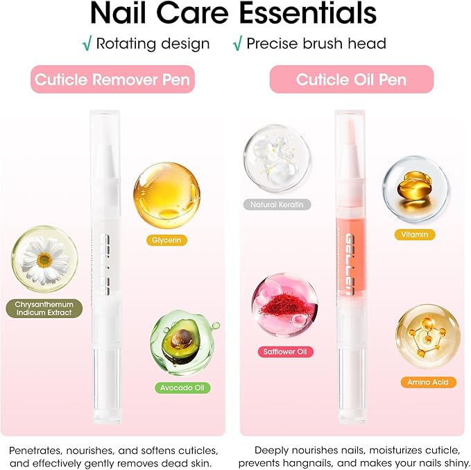Gellen Nail Care Kit Manicure Tools Kit: Nail Strengthener and 2Pcs Nail File & Buffer 100/180, Cuticle Pusher Pen, Cuticle Oil & Remover, Fork | Nail Clipper & Brush