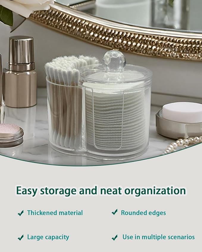 AkoSlale 2-in-1 Cotton Swab and Cotton Round Holder with Lid - Clear Plastic Dual Compartment Bathroom Vanity Organizer, Shatterproof Countertop Container for Makeup Pads & Skincare Storage