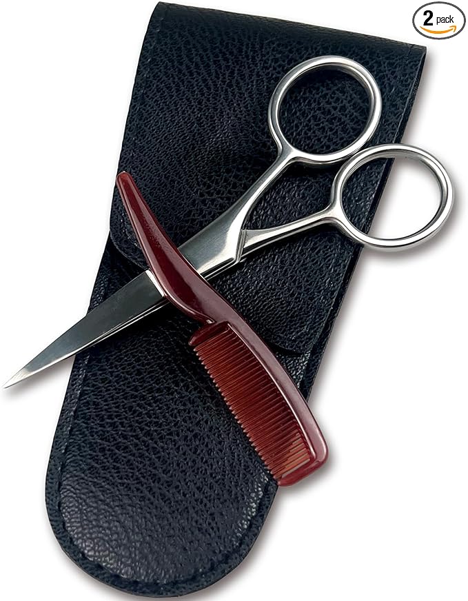 Mustache Grooming Set - Precision Mustache Scissors and Comb Kit for Men - Ideal for Travel, Includes Facial Hair Trimming Scissors and Moustache Comb