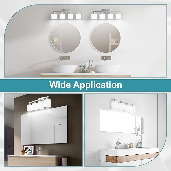 Dekang Bathroom Lights Over Mirror Brushed Nickel, Anti-Rust 4-Light Bathroom Vanity Light Fixtures, Modern 24Inches Wall Sconces E26 Base, Milky White Glass Shades, Bulbs Not Included
