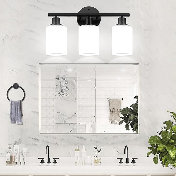 Zarbitta 3-Light Bathroom Light Fixtures, Black Modern Vanity Lights with Milky White Frosted Glass Shades, Bathroom Wall Lamp for Mirror Kitchen Living Room Hallway Cabinet Porch