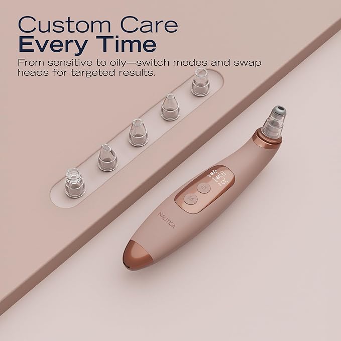 Nautica PC250 Blackhead Remover Tool, Rechargeable Vacuum Blackhead Remover for Face with 6 Heads, 3 Modes & LED Display for Deep Pore Cleansing