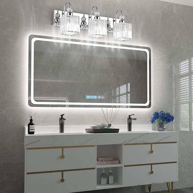 Ralbay Chrome Crystal Bathroom Vanity Light - 3-Lights, 24" Modern Wall Light Fixtures