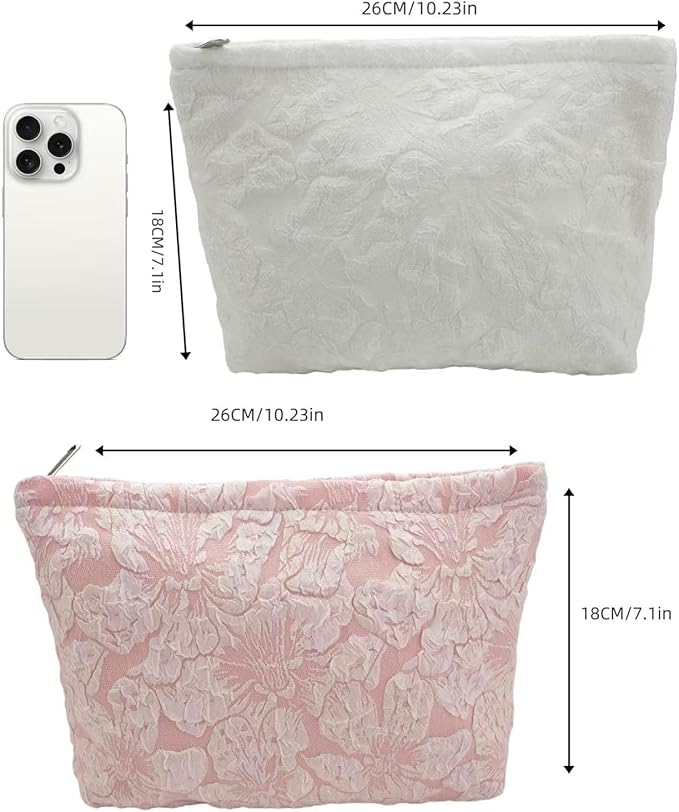 RIKMOXR 2-Pack Large Flower Makeup Bag Set - White & Pink Floral Canvas Cosmetic Organizer | Aesthetic Capacity Travel Toiletry Bag for Women (Makeup Brushes & Accessories Storage)