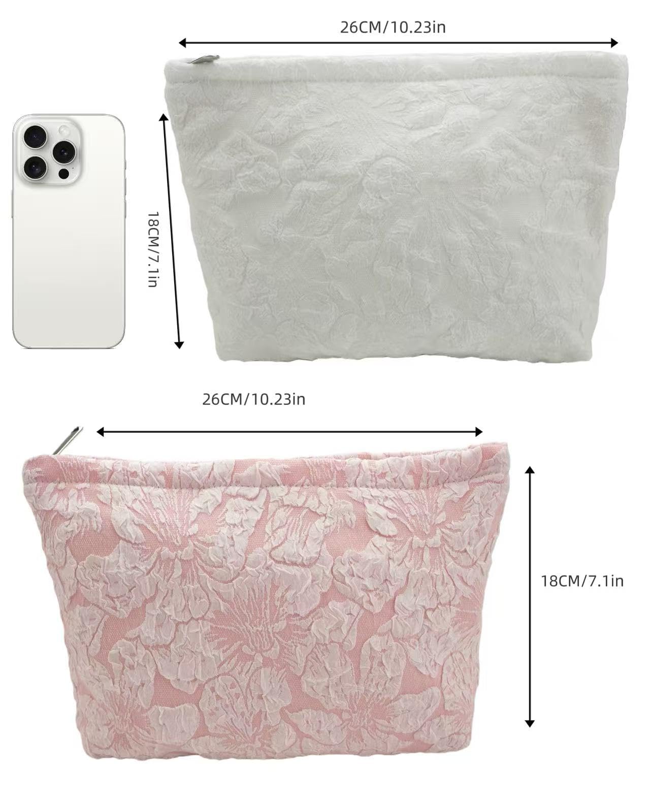 RIKMOXR 2-Pack Large Flower Makeup Bag Set - White & Pink Floral Canvas Cosmetic Organizer | Aesthetic Capacity Travel Toiletry Bag for Women (Makeup Brushes & Accessories Storage)
