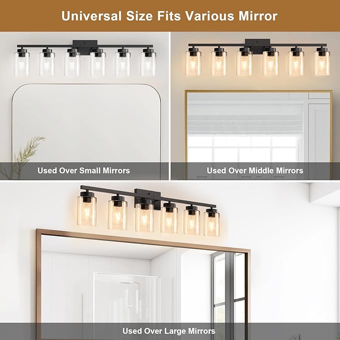 IZORRO Modern Bathroom Light Fixtures, 6 Light Black Vanity Lights, Bathroom Lighting Fixtures Over Mirror with Clear Glass for Living Room Cabinet Bedroom