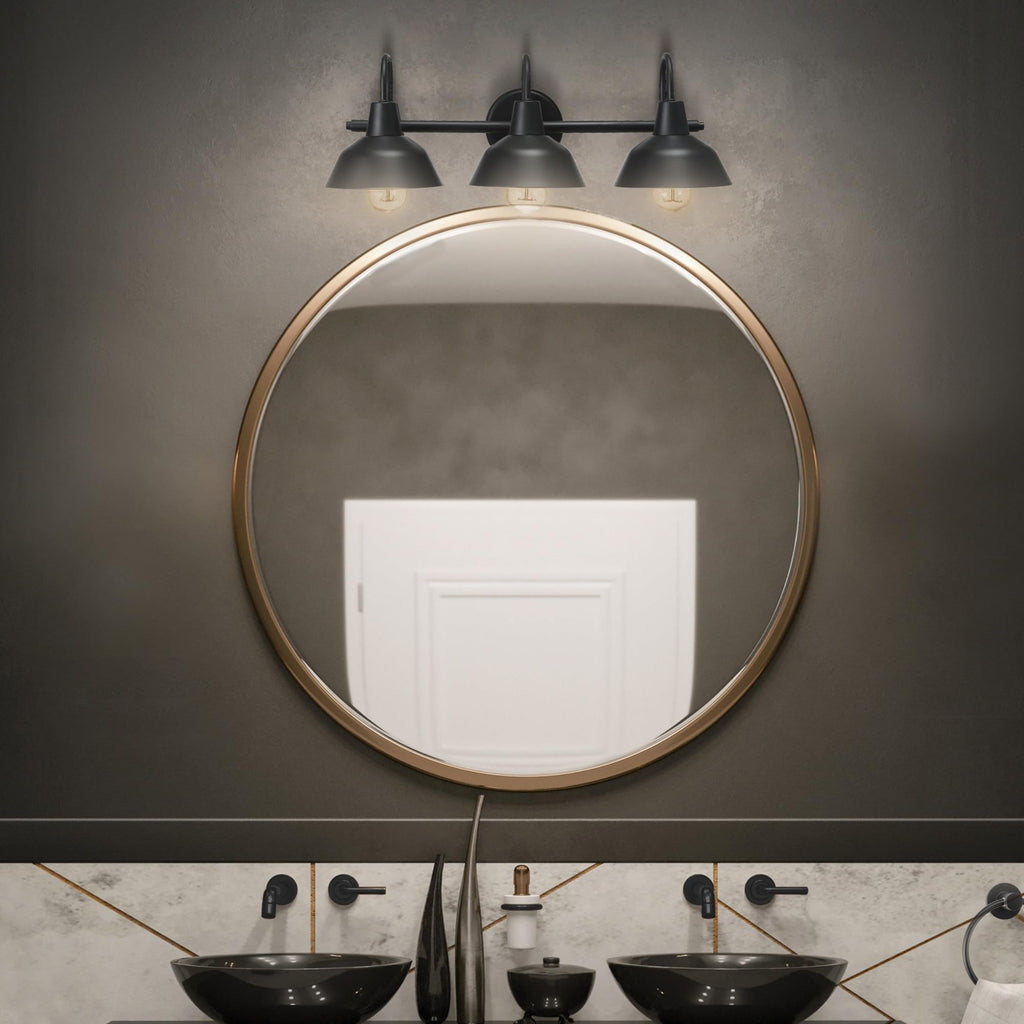 Globe Electric 65554 Barnyard 3-Light Vanity Light, Matte Black, White Interior Shades