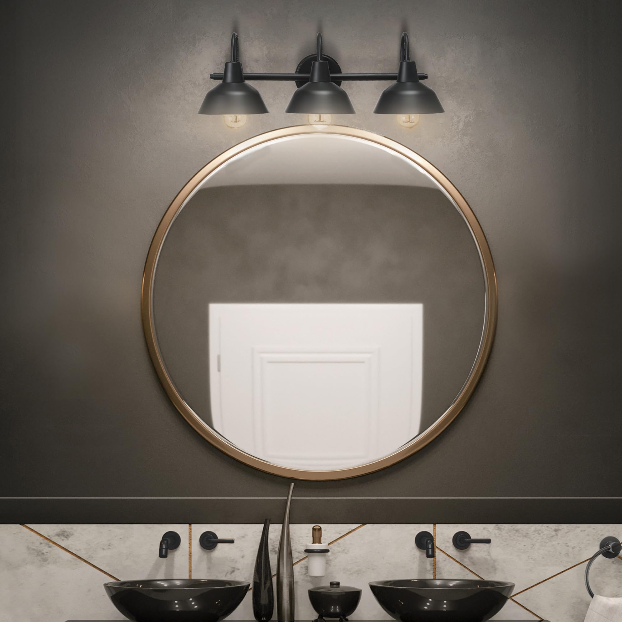 Globe Electric 65554 Barnyard 3-Light Vanity Light, Matte Black, White Interior Shades