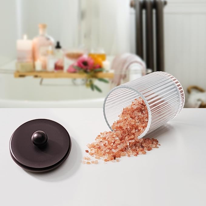 SheeChung 1Pack Glass Qtip Holder - Apothecary Jar Bathroom Organizer with Metal Lid - Small Vanity Canister for Cotton Swabs, Rounds, Floss Picks - Bathroom Glass Jar（Bronze Ribbed）