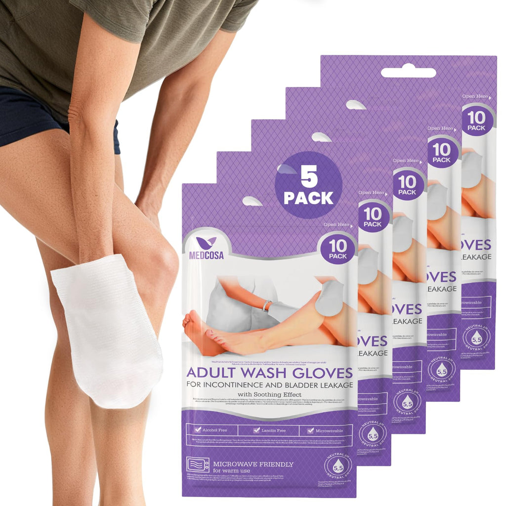 Medcosa Adult Washcloths - Unique Disposable Body Wipes Shaped Like a Glove - Unscented, Premoistened Wet Wipes - 5 Pack (50 Wash Cloths)