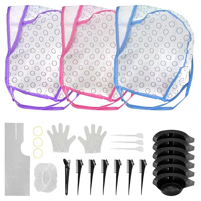 53Pcs Highlighting Cap Kit, 5 Pieces Highlight Hair Cap with 3Pcs Plastic Hooks and 45 pcs Hair Dye Tools, for professional hair styling and dyeing