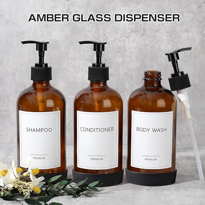 GMISUN Glass Shampoo and Conditioner Dispenser with Silicone Boot, Shower Soap Dispenser Bottles with Labels, Refillable Shampoo Conditioner Body Wash Dispensers
