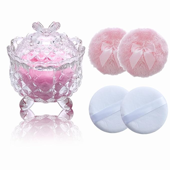 Qopoto 5 Pieces Large Body Powder Puff and Powder Container, Crystal Case for Dust Puff, Powder applicator with Box for Face and Body (Clear, Butterfly)