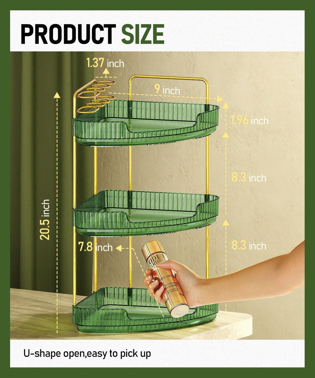 EUHOME 3-Tier Corner Bathroom Counter Organizer Makeup Cosmetic Storage, Tool-Free Installation Acrylic Vanity Shelf, Skin Care Organizer Perfume Tray for Countertop Bathroom, Dresser, Kitchen (Green)