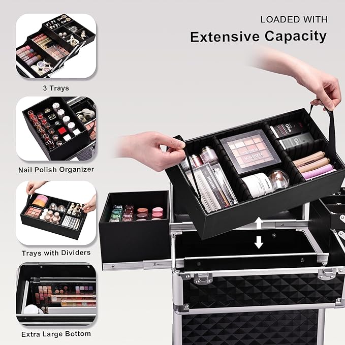 Stagiant Rolling Makeup Train Case Cosmetology Case on Wheels Travel Cosmetic Suitcase Trolley Makeup Luggage Storage Box 4 Tray with Lock Middle Layer Salon Nail Tech Cart Traveling Tattoo Case Black