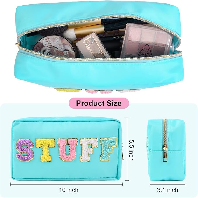 SOIDRAM Preppy Makeup Bag Nylon Cosmetic Bag Blue Stuff Makeup Pouch for Women Travel Toiletry Bag Organizer Cute Makeup Brushes Storage Bag with Chenille Letter Patches