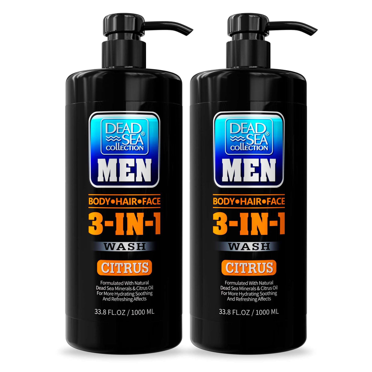 Dead Sea Collection Mens Body Wash 3 in 1 – Citrus Body Wash for Men – Shower Gel – Shampoo – Shower Soap for Face and Hair – Pack of 2 Bottles (33.8 Fl. Oz. Each)