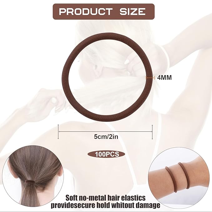 Sderoq 100PCS Hair Bands, 4MM Large Ponytail Holders, Brown - 2 Inch in Diameter Rubber Bands for Medium to Thick Hair, Curly Hair, Women or Girls