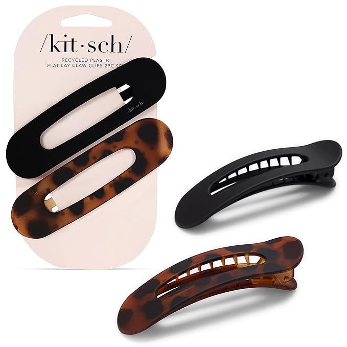 Kitsch Flat Hair Clips for Women - Strong Hold, No Slip Grip Flat Claw Clips For Secure and Comfortable Look | Durable Recycled Plastic Hair Accessories - Black & Tortoise, 2pc