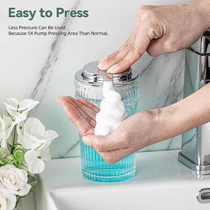 Glass Foaming Soap Dispenser Set - 2 Pack Foam Hand Soap Dispenser for Bathroom, Clear Hand Wash Dispenser Bottle with Silver Pump for Kitchen, 10 Oz Refillable Dish Liquid Foam Dispenser 2 Pcs