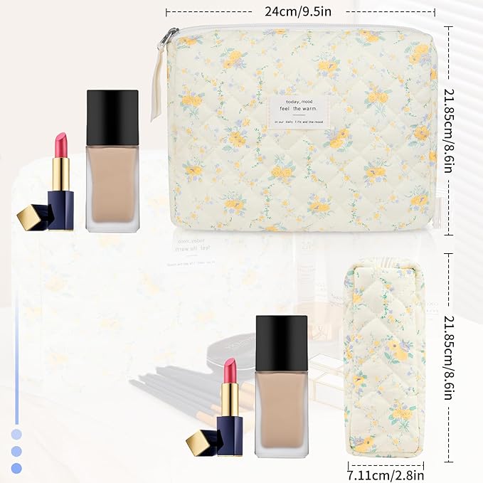 Gosect Floral Makeup Bag, Small Cosmetic Bag for Women Girls, Cute Cotton Makeup Bag, Quilted Makeup Bags, Flower Travel Toiletry Organizer Bag(Yellow Flowers)