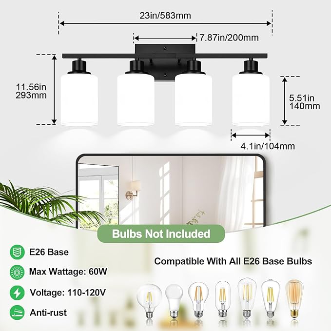 4-Light Bathroom Light Fixtures, Matte Black Vanity Lights with Milk Glass Shades, Modern Bathroom Wall Lamp for Mirror Living Room Bedroom Porch