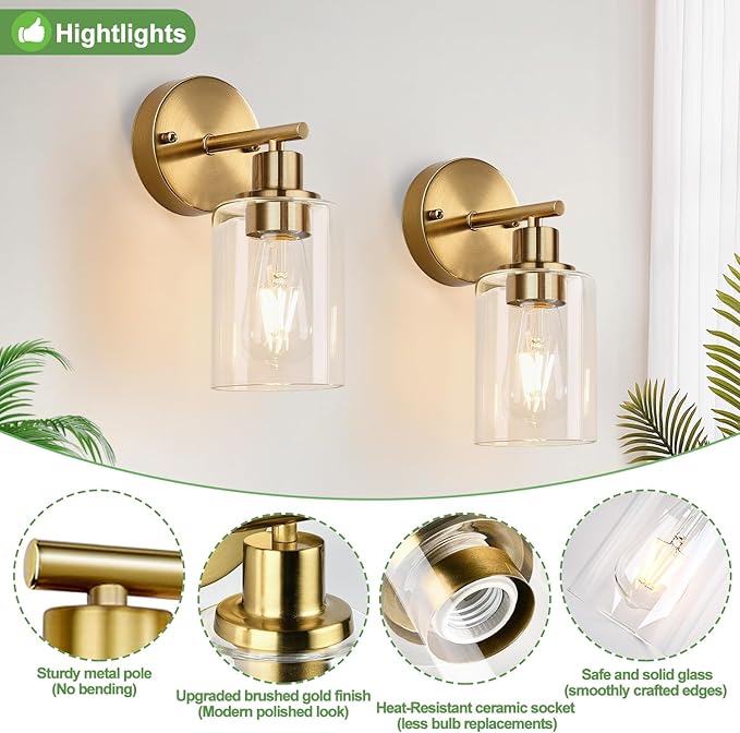 Zarbitta Set of 2 Wall Sconces for Bathroom, Brushed Gold Modern Vanity Lights with Clear Glass Shade,Bathroom Wall Lamp for Mirror Kitchen Living Room Hallway Cabinet Porch