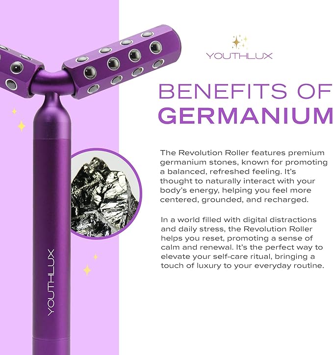 YOUTHLUX Revolution Roller - Germanium Stone Uplifting Beauty Facial Massage Tool/Wand Face Roller for Skin Tightening/Firming, De-Puffing, Anti-Aging (Purple)