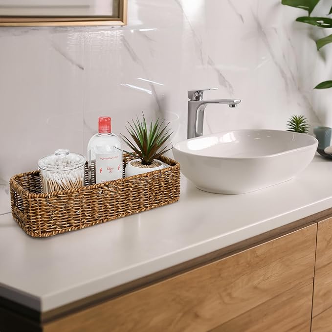 2 Pack Toilet Tank Basket, Handwoven Rectangular Wicker Shelf Baskets for Organizing, Decorative Countertop Storage Bin with Built-in Handle for Bathroom Tank Top, Bedroom Closet