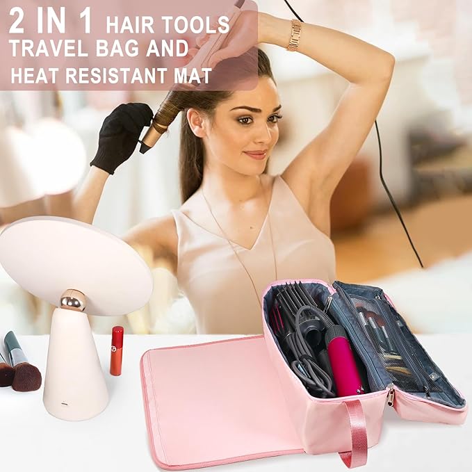 FAMOPLAY Hair Tools Travel Bag with Heat Resistant Pad, Double-Layer Travel Carrying Case for Straightener, Curling Iron, Hair Dryer, Portable Organizer