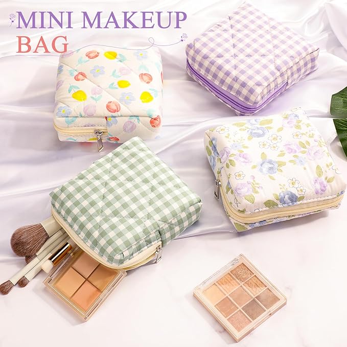 Paterr 4 Pcs Mini Quilted Floral Makeup Bag Blue Purple Flower Cosmetic Bag Small Gingham Quilted Pouch with Zipper Cute Cotton Travel Toiletry Bags for Girls Back to School Teacher Students Gifts