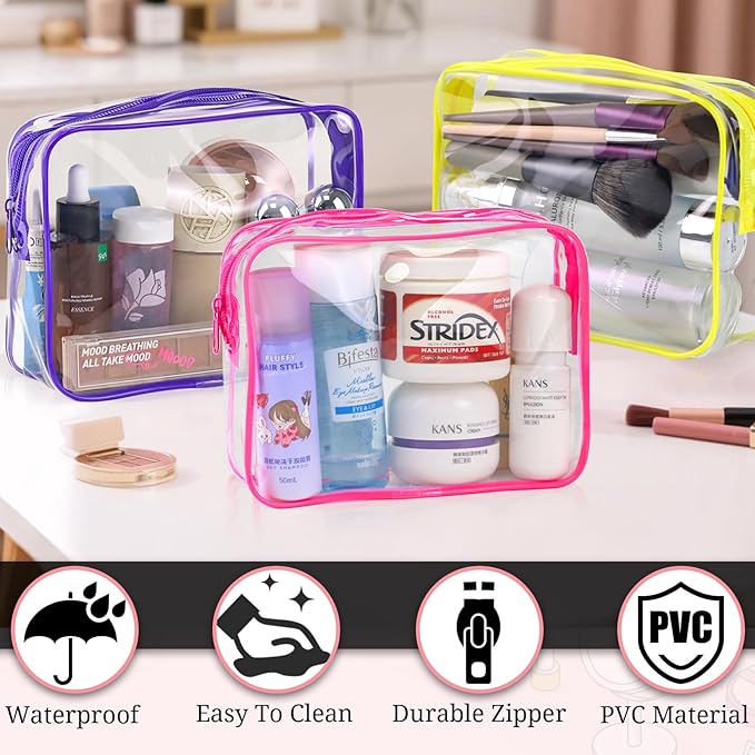 CHICAUP 6 Pieces Clear Makeup Bags Bulk TSA Approved Toiletry Bag for Travel PVC Waterproof Clear Cosmetic Pouch with Zipper for Men and Women Carry-on Travel Essentials