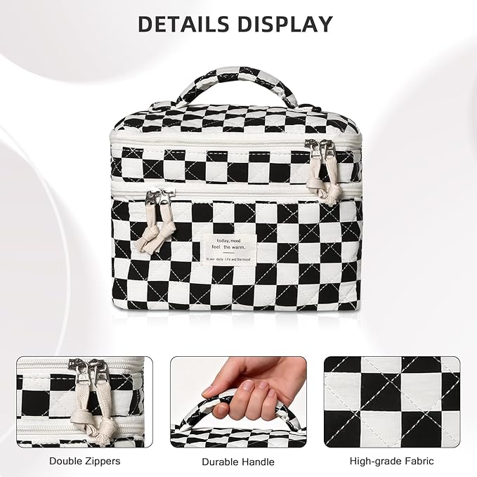 Gosect Makeup Bag, Portable Travel Make up Bag, Large Capacity Quilted Cosmetic Organizer Bag, Cute Floral Toiletry Bag for Women Girls