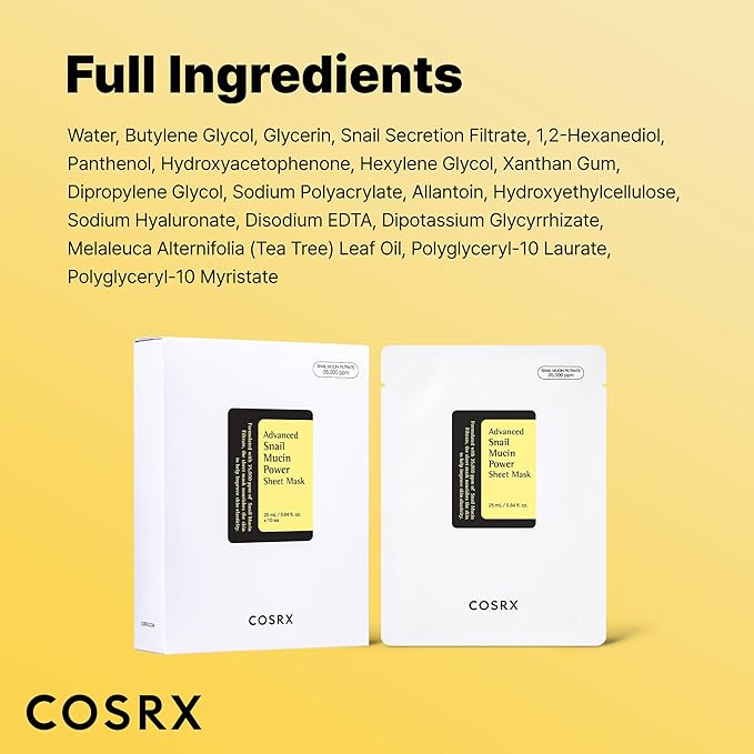 COSRX Snail Mucin Sheet Mask 10 EA with Snail Mucin Serum, Hydrating Face Sheet Masks for Dry & Sensitive Skin, Korean Face Mask for Self Care, Korean Skin Care