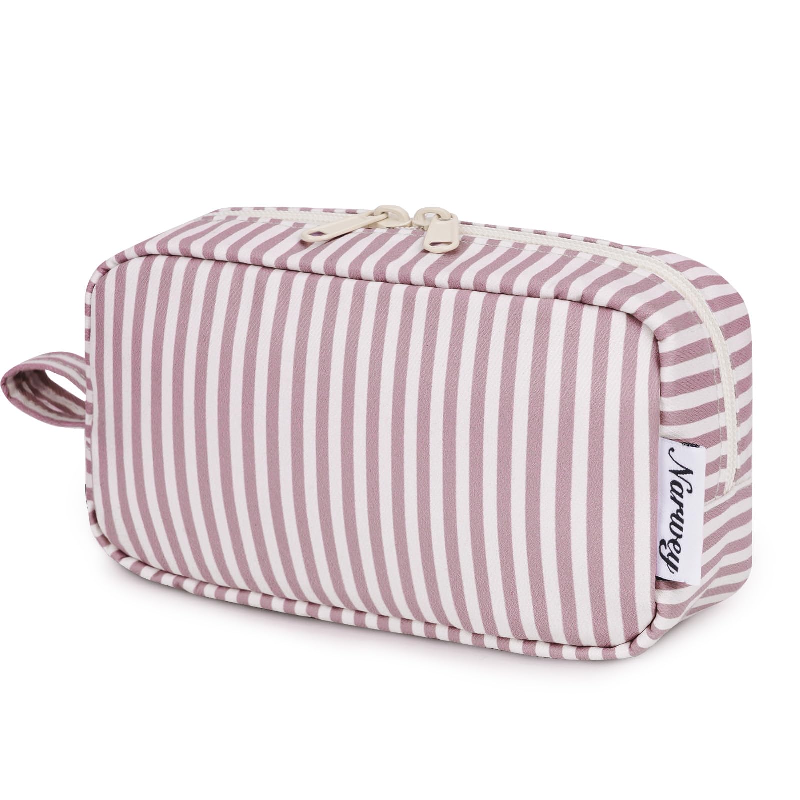 Narwey Small Makeup Bag for Purse Travel Makeup Pouch Mini Cosmetic Bag Zipper Pouch for Women (Dusty Rose Stripe, Small)