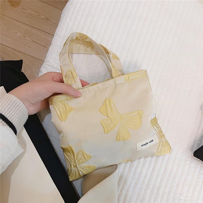 Wudygirl Makeup Bag Travel Cosmetic Bag for Women Small Makeup Pouch with Handle Zipper Cosmetic Pouch Handbag Aesthetic 8.3" x 6.7"(Yellow Bow)