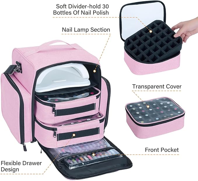 UOZL Nail Polish Organizer Case Hold 60 Bottles with 2 Detachable Bag,Pink