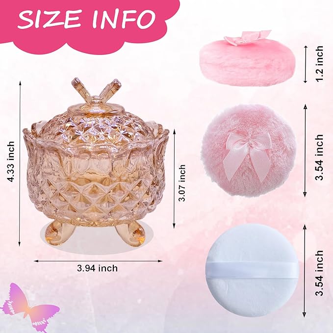 Qopoto 5 Pieces Large Body Powder Puff and Powder Container, Crystal Case for Dust Puff, Powder applicator with Box for Face and Body (Amber, Butterfly)