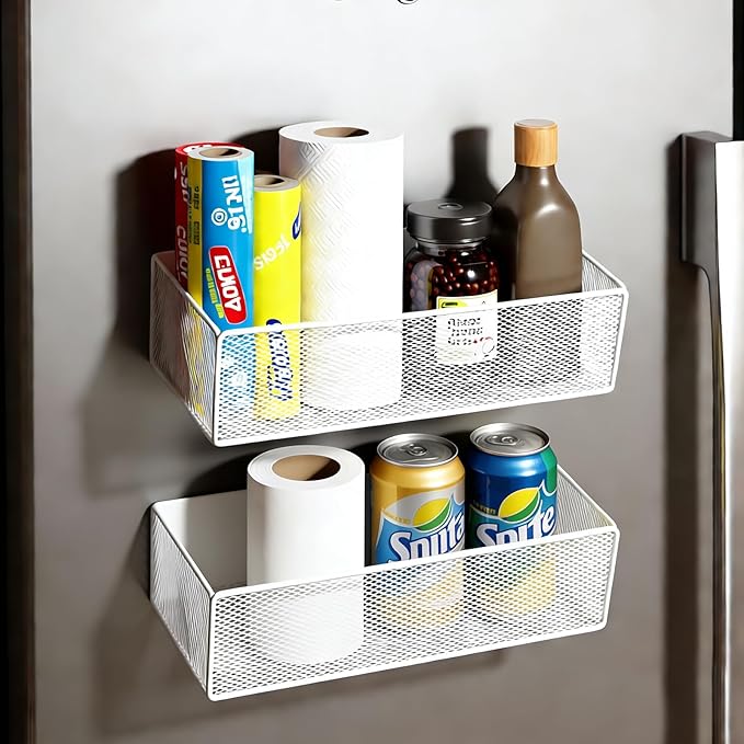 Magnetic Basket Organizer Holder for Fridge，Magnetic Shelf for Washing Machine， Magnetic Mesh Basket, White Rectangular Steel Shelf Organizer, 10.43 x 4.92 x 3.15 Inches (White, 2 pack)