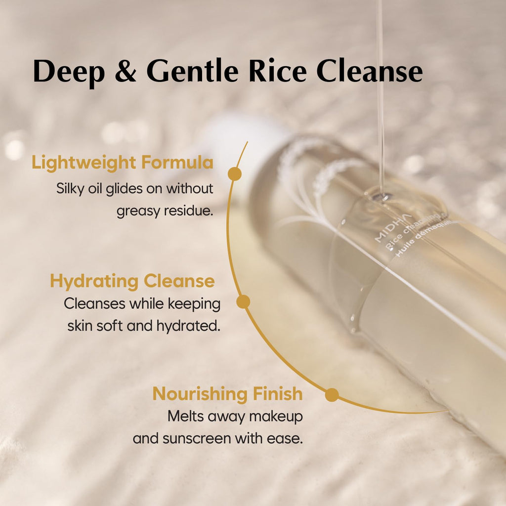 MIDHA Rice Bran Cleansing Oil, Gentle Makeup Remover for Face, Deep Pore Cleanser, Sebum Control, Hydrating Facial Cleanser, Safe for All Skin Types, Korean Skin Care, 6.76 fl. Oz