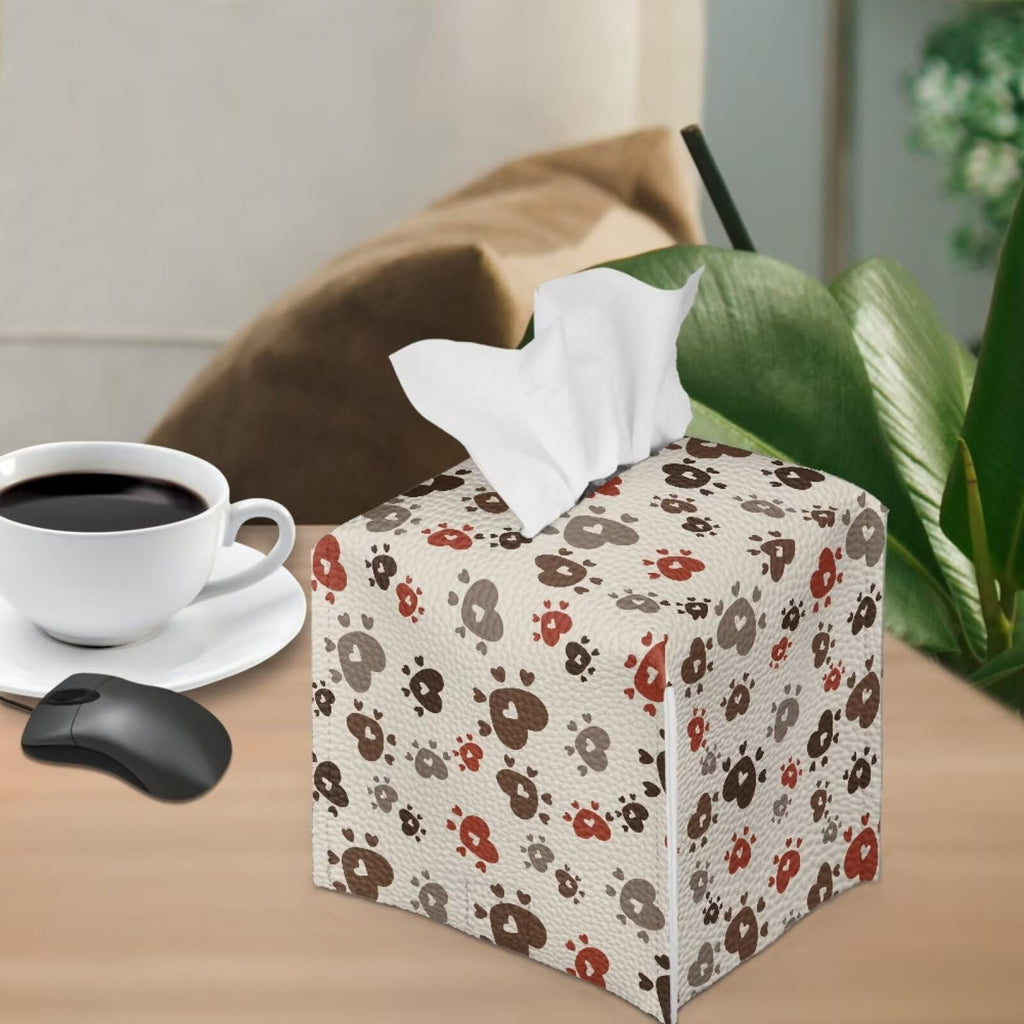 Pzuqiu Brown Dog Paws Tissue Box Cover Holder Stylish PU Leather Square Tissue Box Cover with Metal Button Waterproof Napkin Holder for Home Office Car Bathroom Decor