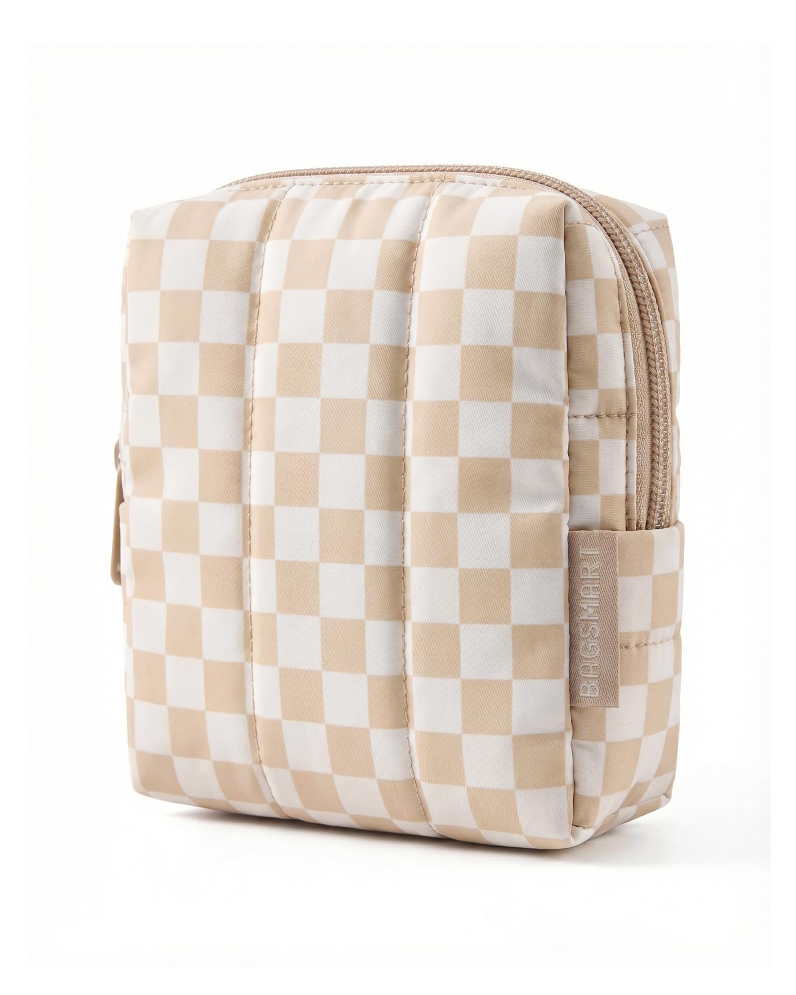 BAGSMART Small Travel Makeup Bag for Purse Toiletry Pouch, Puffy Padded Mini Cosmetics Bag, Cute Make Up Pouch for Women with Slip-in Pocket, Travel Essentials for Toiletries, Checkered Khaki