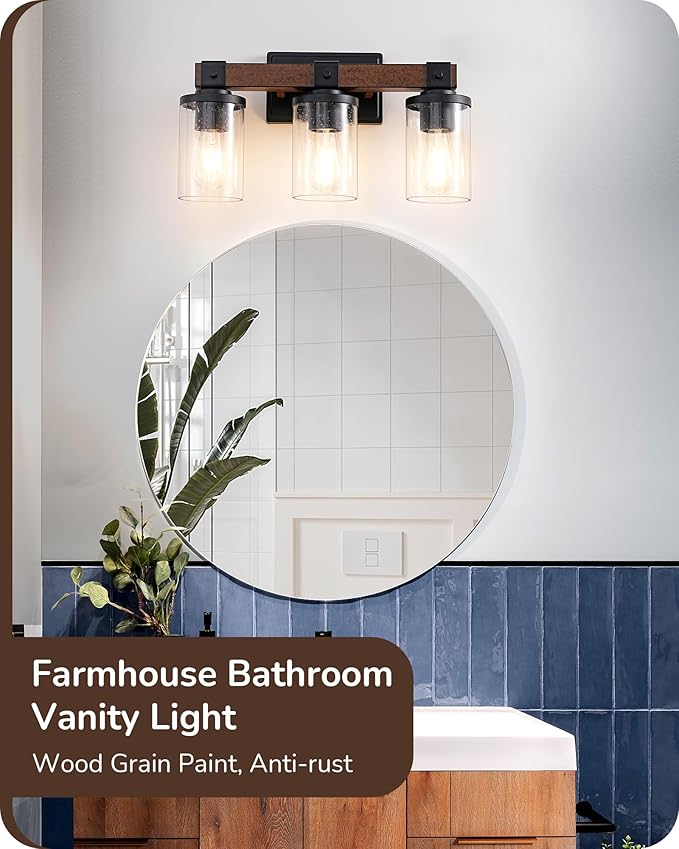 EDISHINE Farmhouse Vanity Lights for Bathroom, 3-Light Bathroom Vanity Light Fixtures Over Mirror, Painted Wood Vintage Bath Wall Sconces Lamp with Bubble Glass Shade for Bedroom, Powder Room