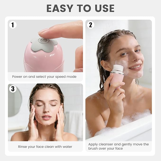 DOCOCO Facial Cleansing Brush, Mini Electric Face Scrubber, Waterproof Face Exfoliator Brush for Deep Cleansing, Portable Face Wash Brush for Travel, Easy to Carry, with 3 Brushheads for Women Mom Men